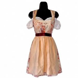 XS Dirndl Dress German Austrian Oktoberfest Party Lace Floral Peach Pink Red